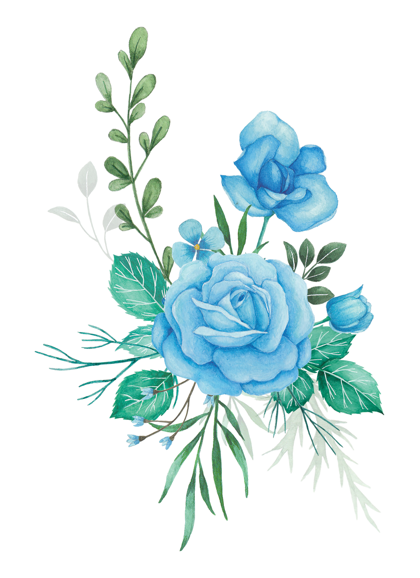 Free ramo de flores de acuarela con rosas azules y hojas verdes ilustración  11098188 PNG with Transparent Background