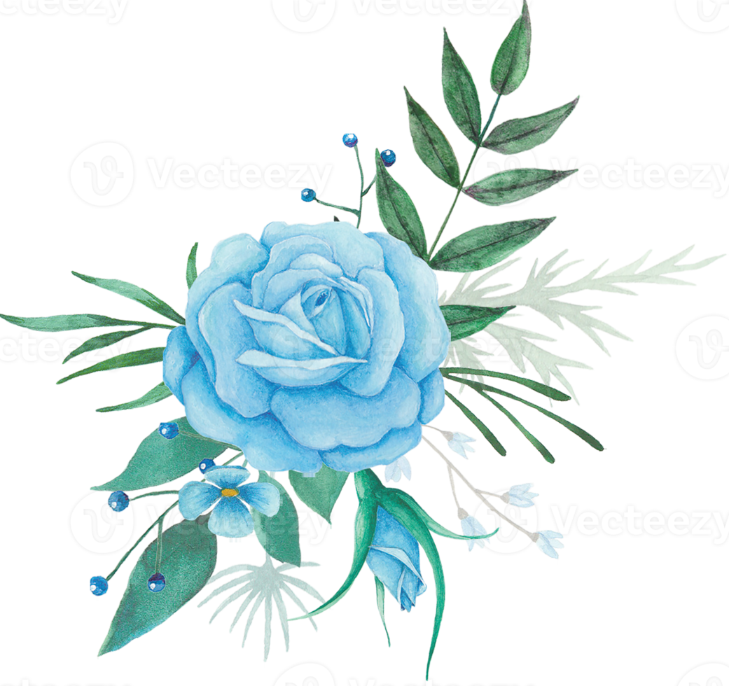 Watercolor Flowers Bouquet with Blue Roses and Green Leaves Illustration png