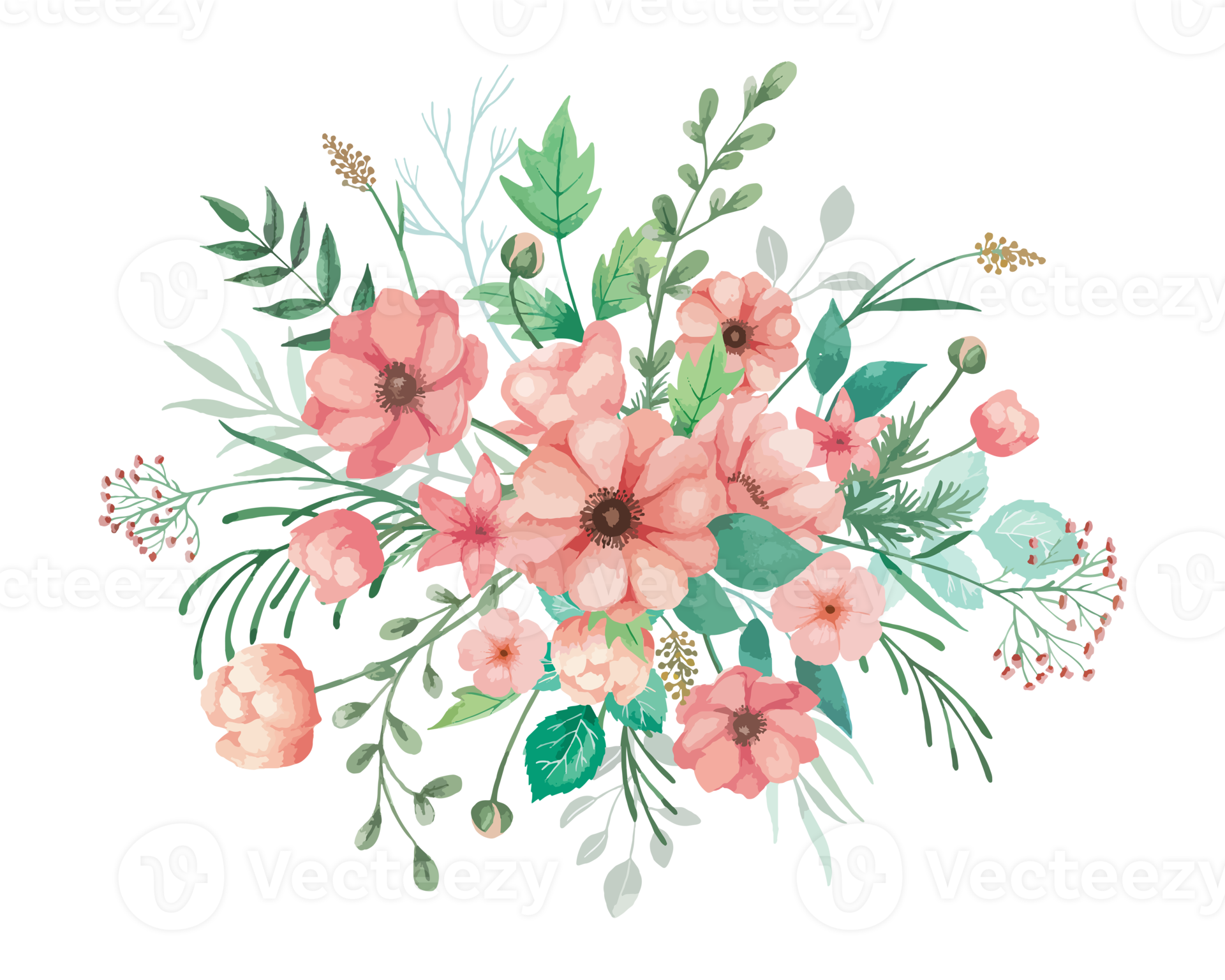 Watercolor Coral Anemone Flowers Bouquet Illustration 11098193 PNG