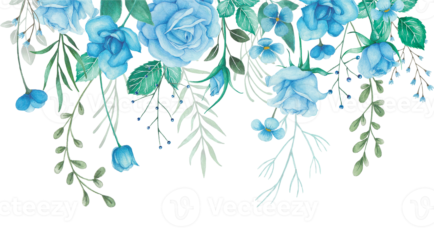 Free arreglo de borde de flores de acuarela con rosas azules y hojas verdes  ilustración 11098198 PNG with Transparent Background