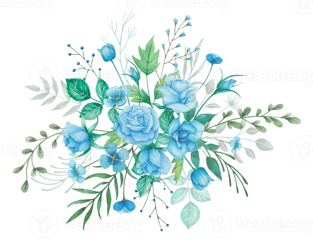 Watercolor Flowers Bouquet with Blue Roses and Green Leaves Illustration png