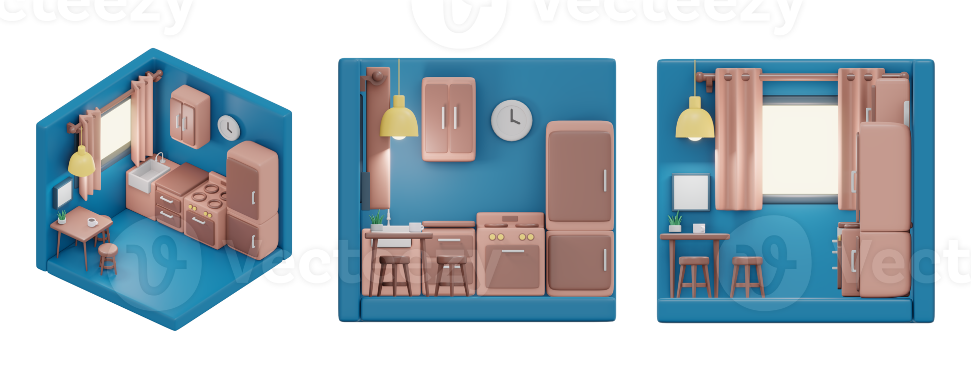 3D rendering of isometric and elevation of minimal kitchen room with furniture. 3D render cartoon. png