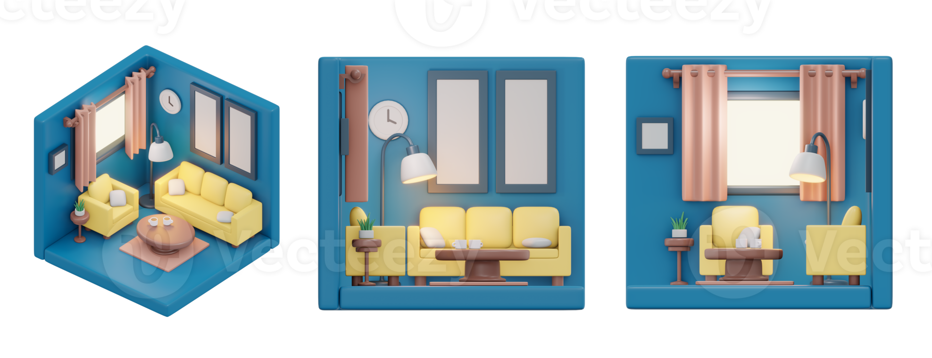 Representación 3d de isométrica y elevación de sala de estar mínima. dibujos animados de procesamiento 3d. png