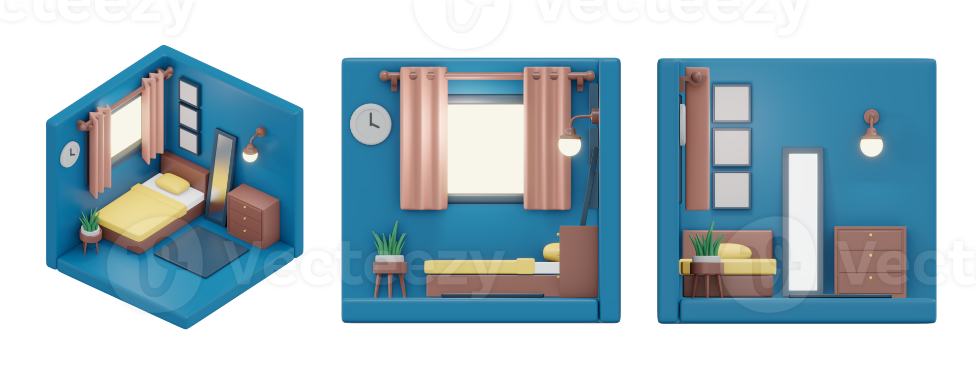 Representación 3d de isométrica y elevación de dormitorio mínimo con muebles. dibujos animados de procesamiento 3d. png