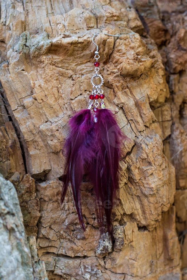 earrings of Handmade dream catcher with feathers threads and beads rope hanging photo