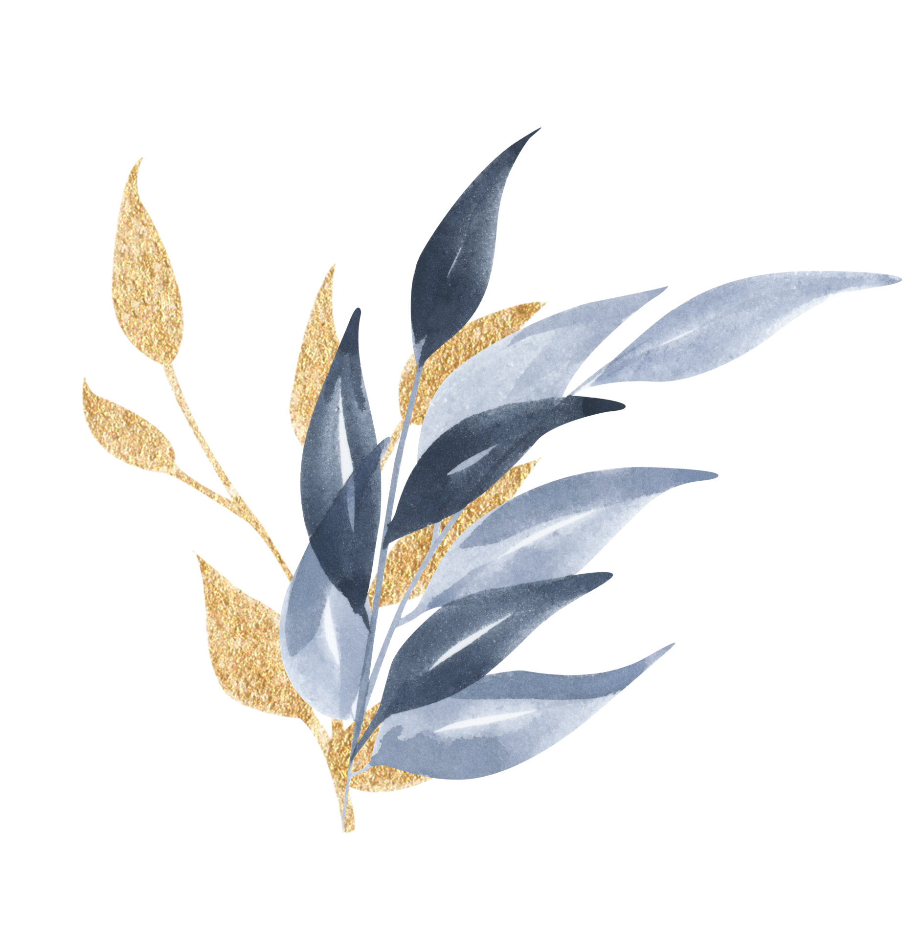 Watercolor floral illustration. Blue and Gold leaf branches collection. It