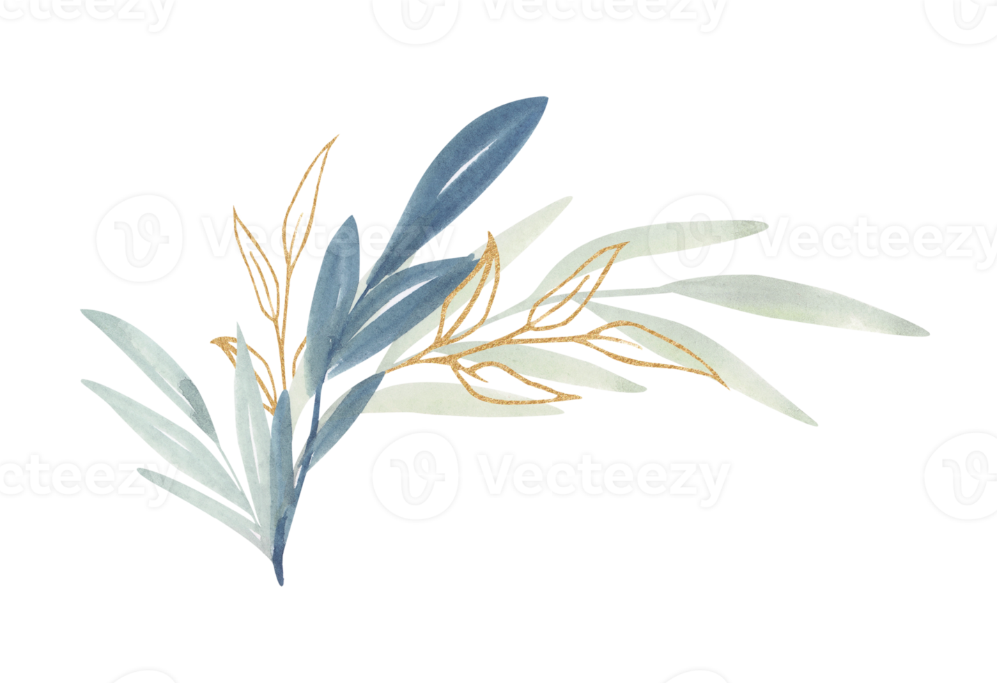 waterverf bloemen illustratie. blauw en goud blad takken verzameling. zijn perfect voor groet kaarten, bruiloft uitnodiging, verjaardag. png