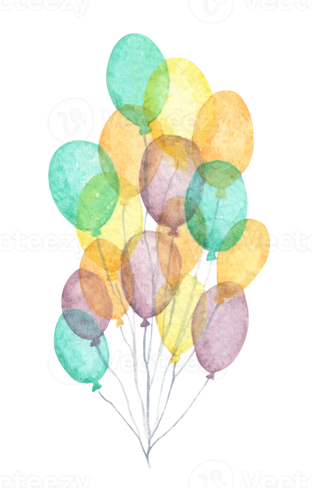 Bündel und Gruppen von bunten Luftballons. Aquarellillustration. png