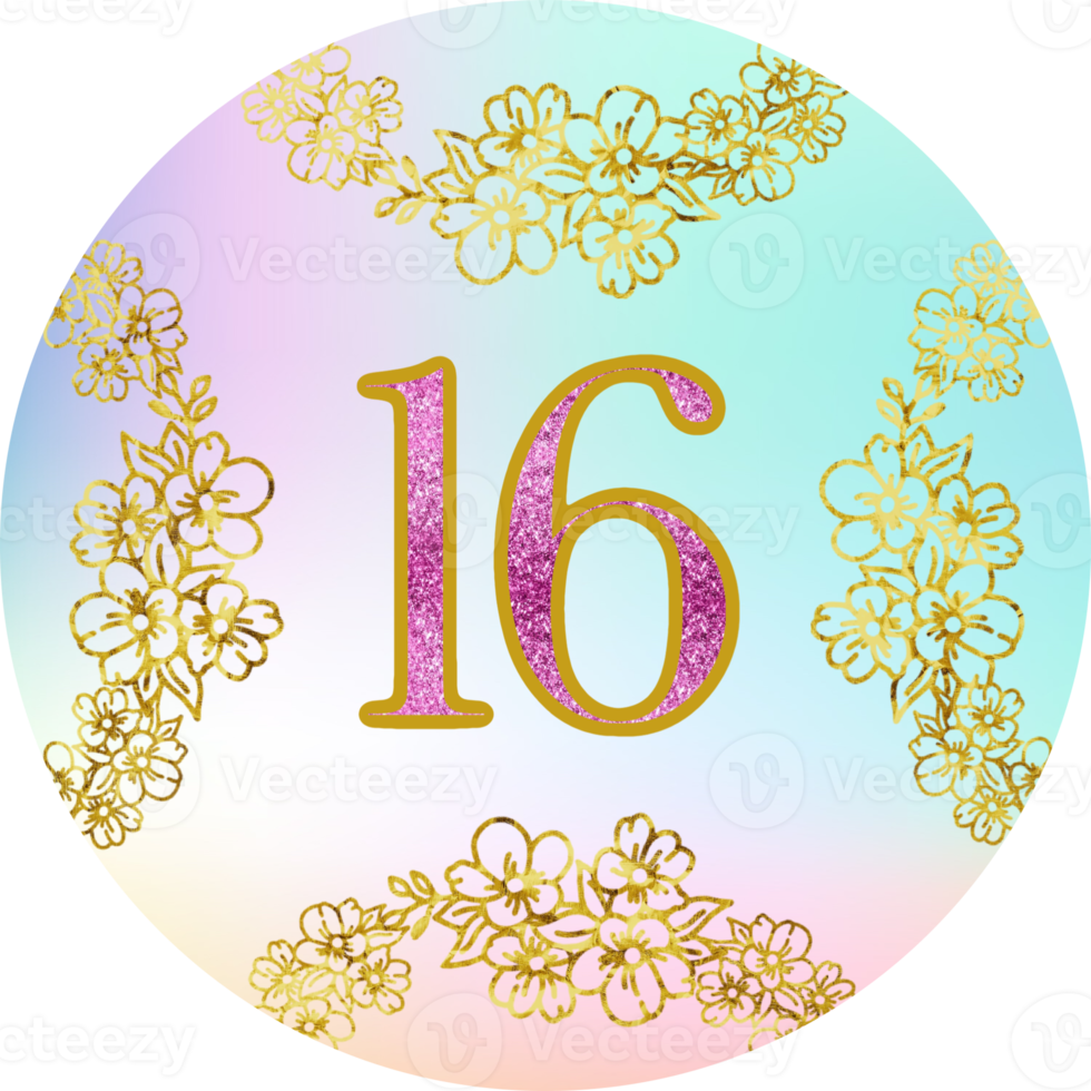 Number, 16, 16 th birthday, advent calendar. Christmas, birthday, wedding template. Flower, ornaments, gold colours. png