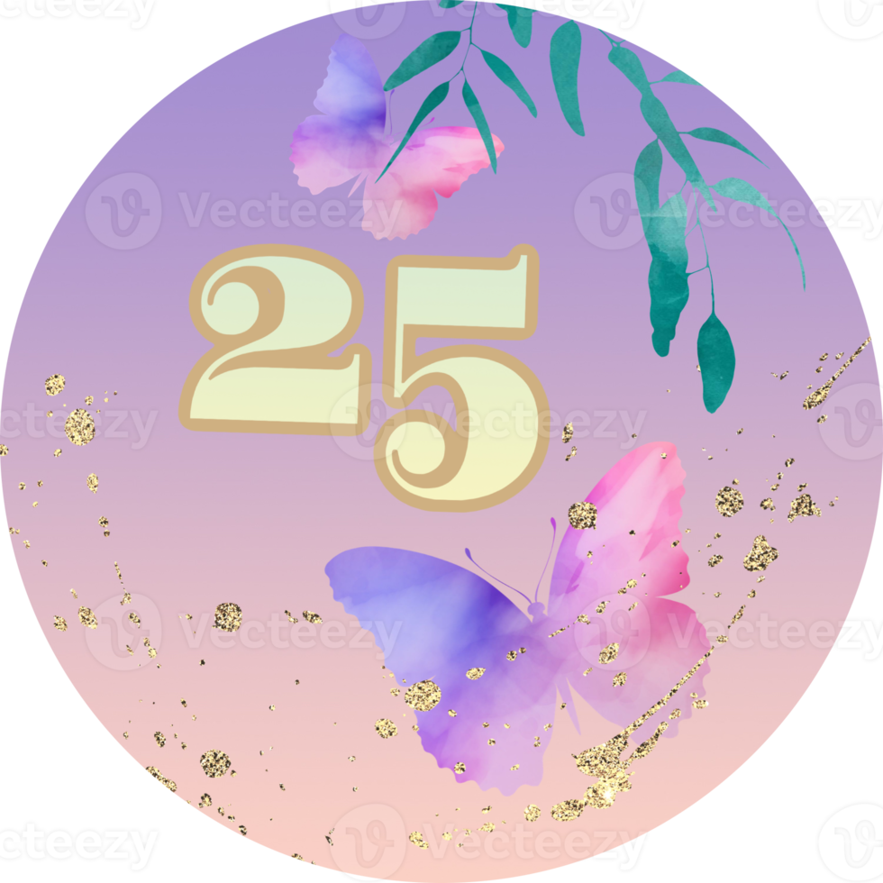 Number, advent calendar, letter. Birthday, Christmas, wedding template. Butterflies, flowers, gold splashes. png