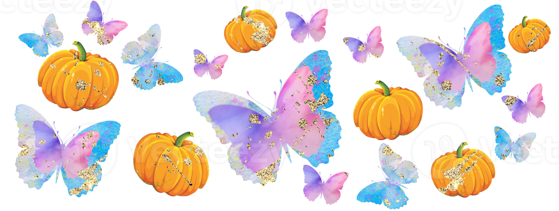 Halloween, thanksgiving, autumn pattern. Pumpkin, butterfly, flowers, gold splashes. Wedding, birthday template. png