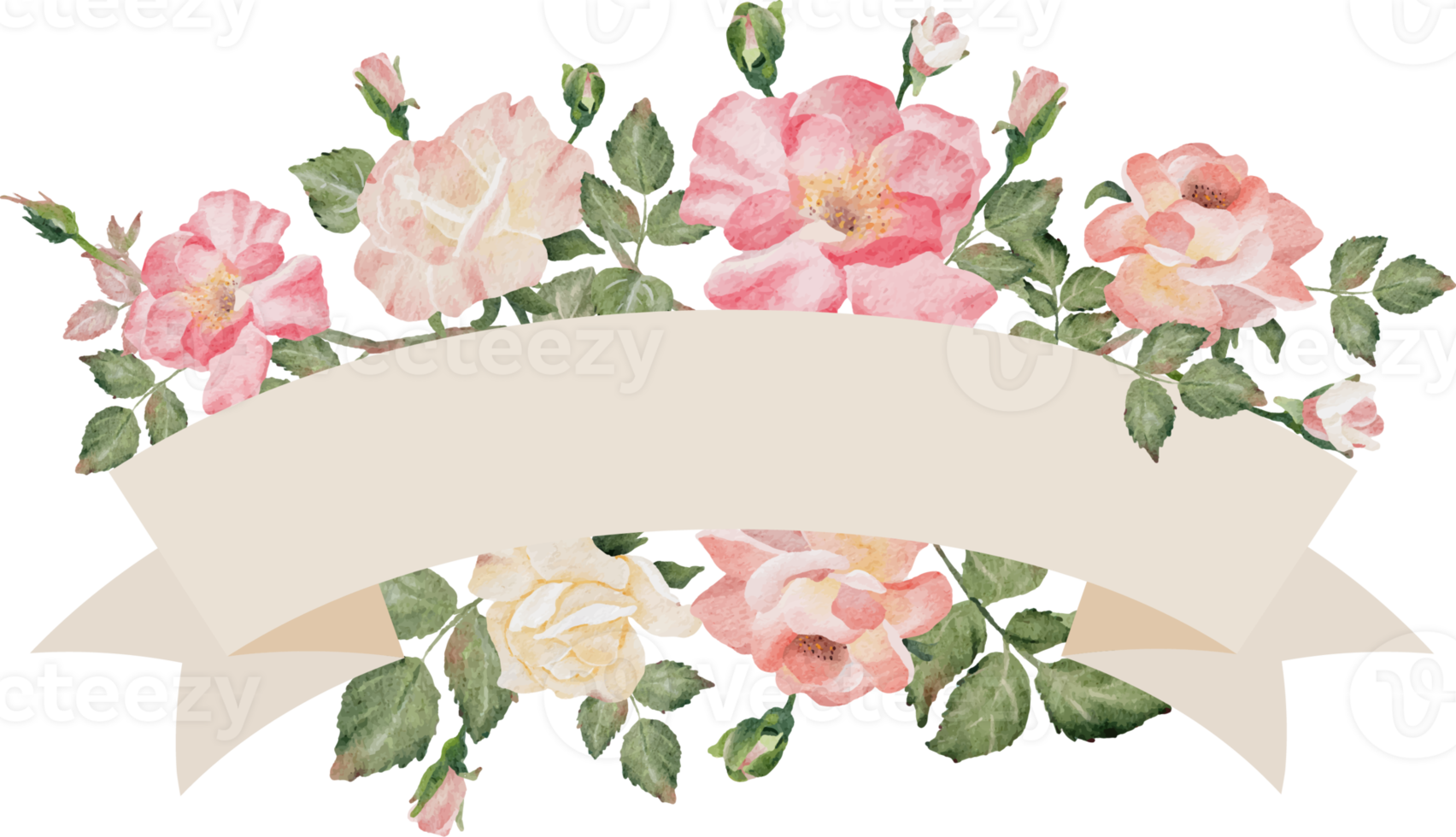 buquê de flores rosa aquarela com clipart de fundo de banner de fita png