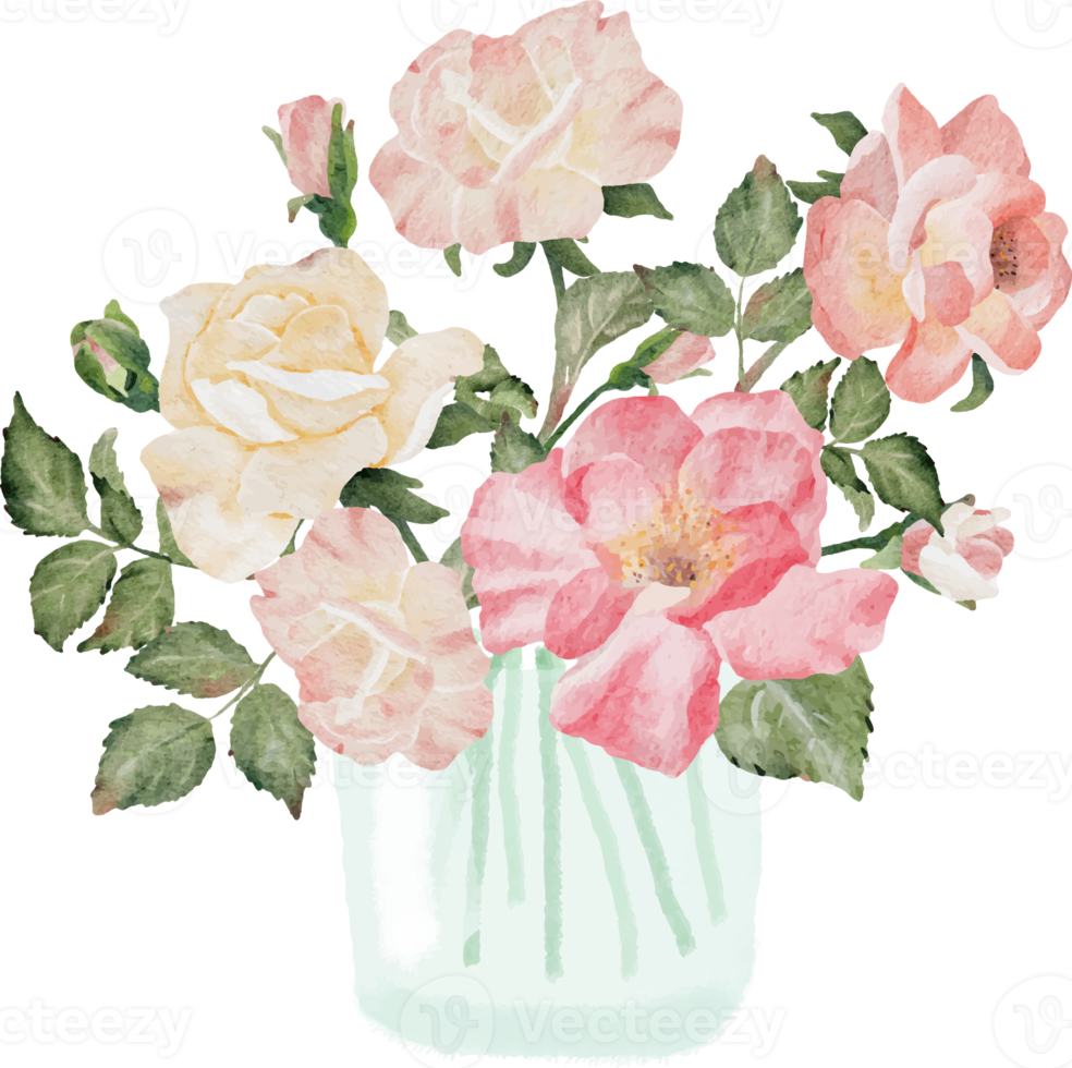 watercolor hand drawn pink wild rose bouquet in glass vase png