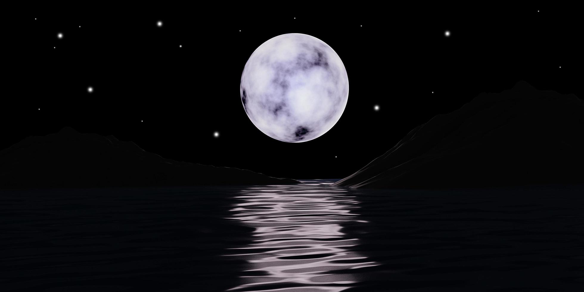 The super full moonlight with small stars and mountains on The dark night Ocean and reflection on water waves. The moon 3d rendering background illustration, Welcome to Halloween day. photo