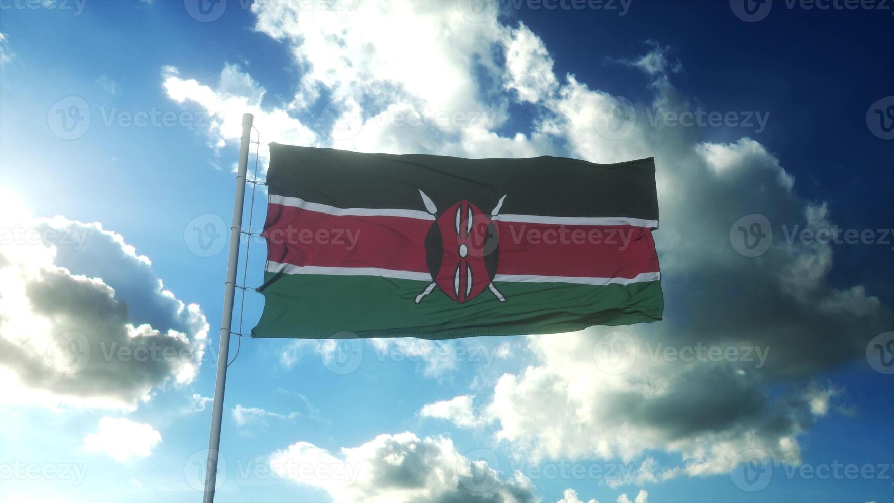 Flag of Kenya waving at wind against beautiful blue sky. 3d illustration photo
