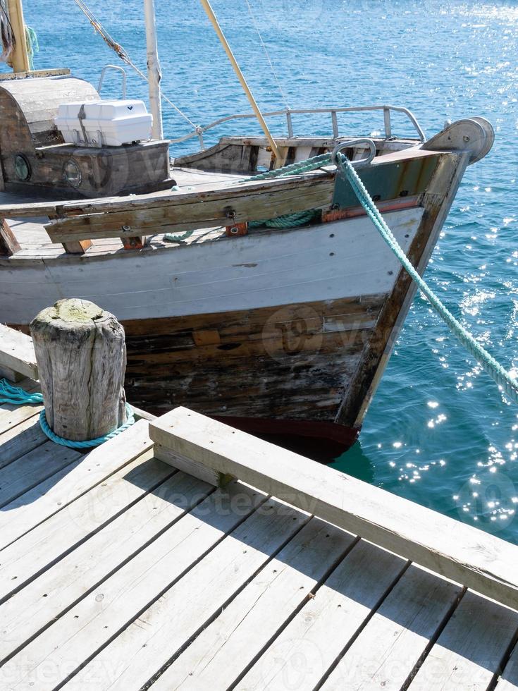 The bow of a wooden fishing boat at the dock in  Honningsvaag, Norway. photo