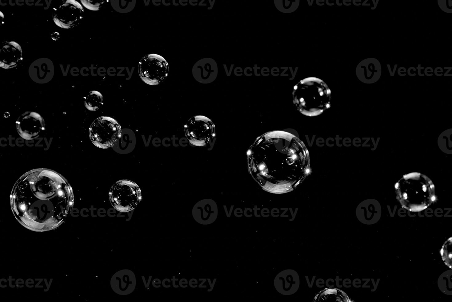 Flying soap bubbles isolated on a black background. Abstract background. photo