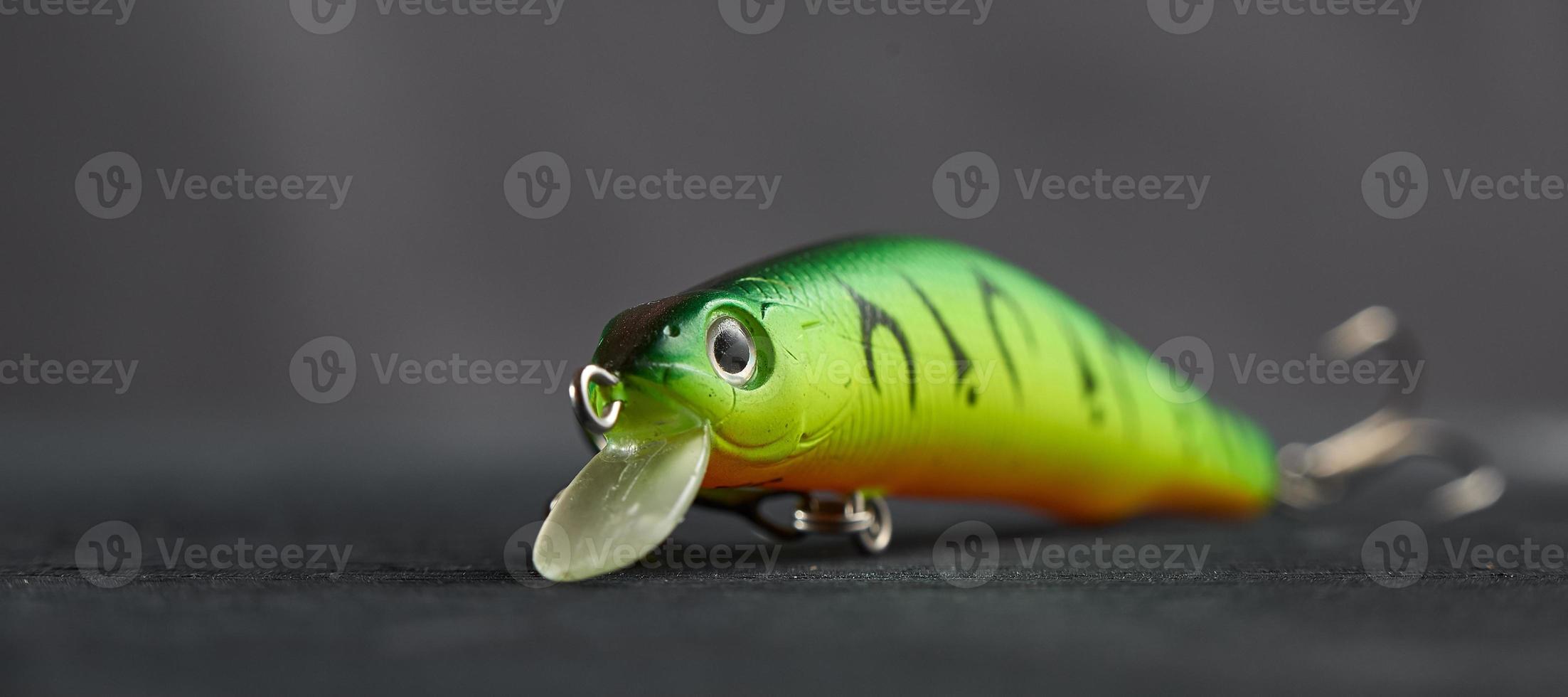Fishing lure green used Wobbler closeup on gray background. Hooks and background in blur. photo
