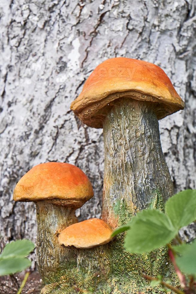 Park design. Garden statues mushrooms on the background of a tree trunk. photo