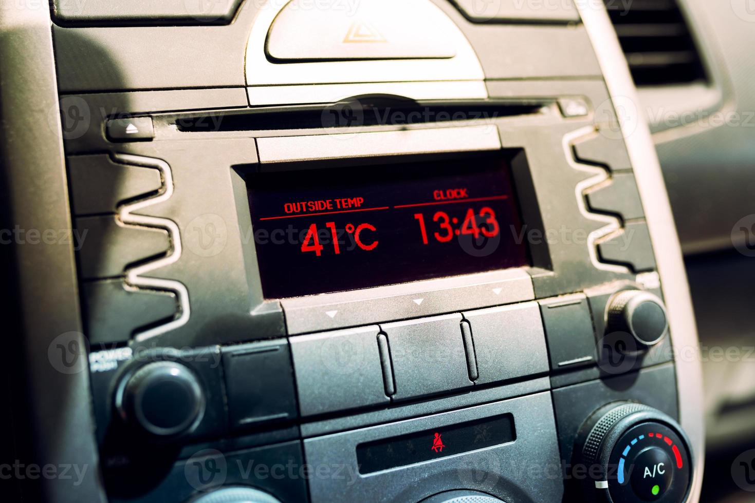 Heat waves in summer. High temperature on car dashboard display. Hot day photo