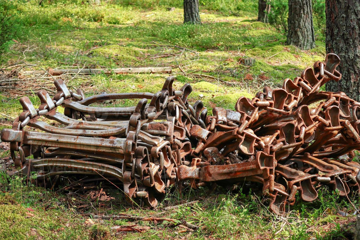 Continuous rusty excavator tracks of bulldozer lying on forest ground on grass photo