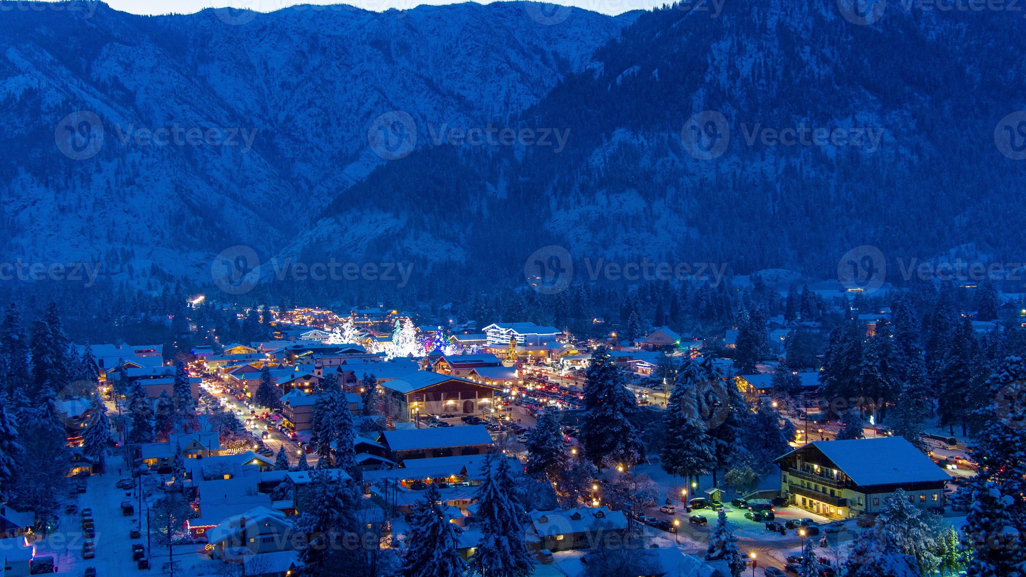 Aerial view of Leavenworth, Washington at sunset in December of 2021