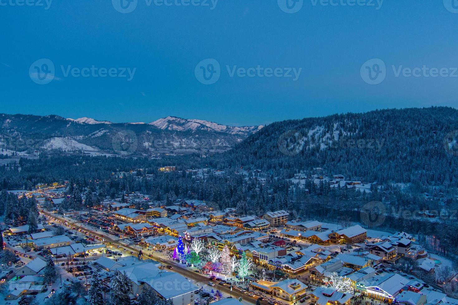 Aerial view of Leavenworth, Washington at sunset in December of 2021