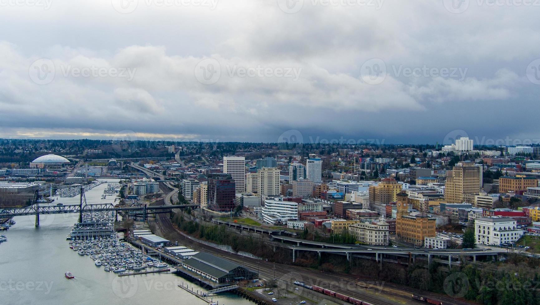 Aerial view of the downtown Tacoma, Washington waterfront skyline in December 2021 photo