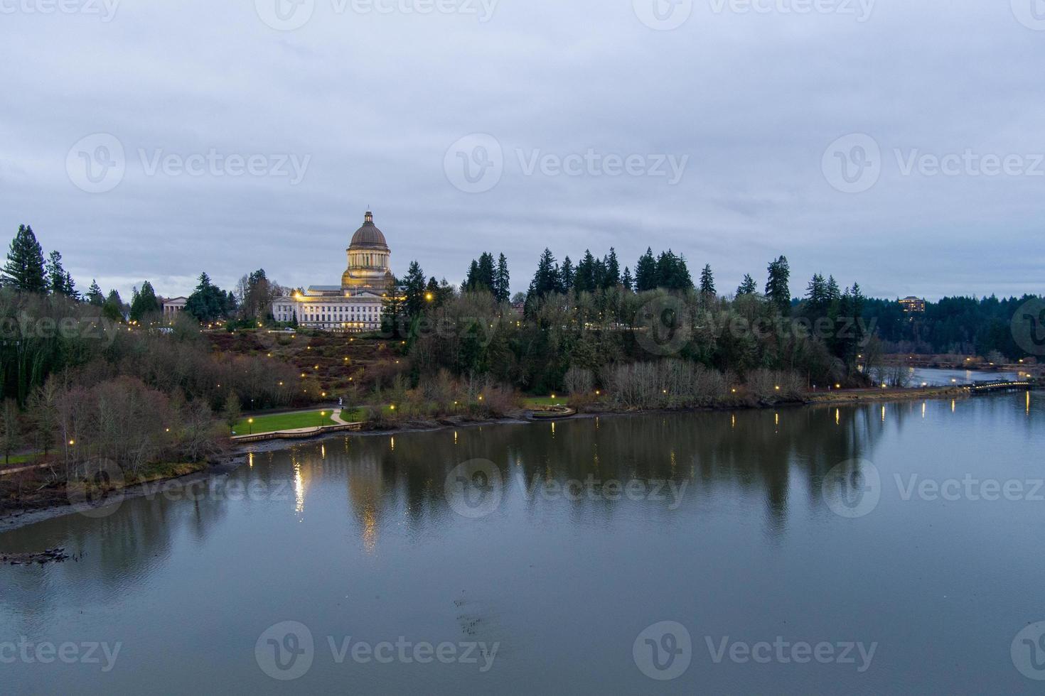 The Olympia, Washington waterfront at twilight in December of 2021 photo