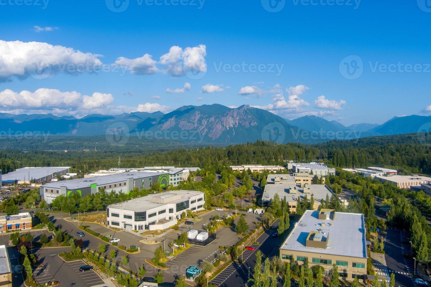 Aerial view of Snoqualmie, Washington and the Cascade Mountains in