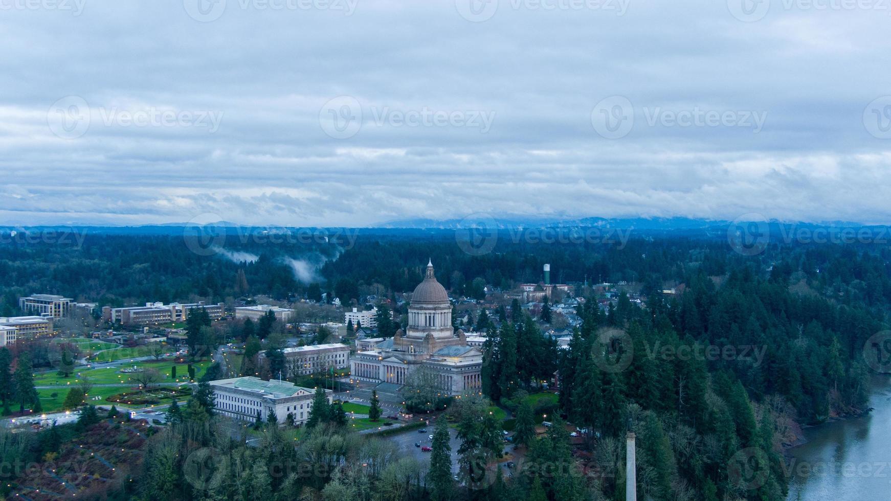 The Olympia, Washington waterfront at twilight in December of 2021 photo