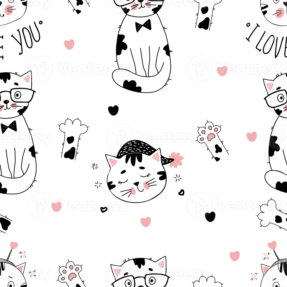 seamless pattern with cats in linear hand drawn doodle style png