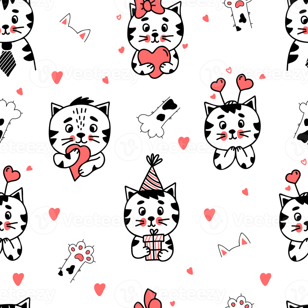 seamless pattern with funny cats in linear hand drawn doodle style png