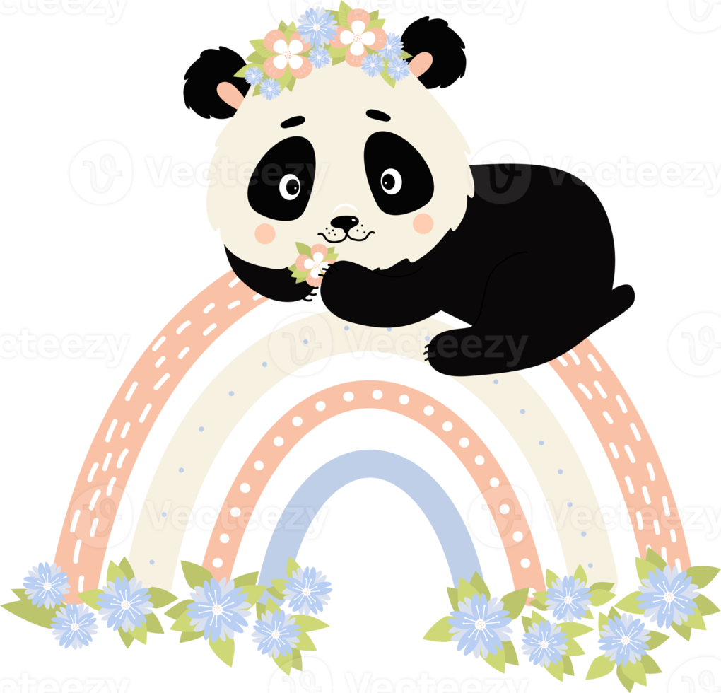 Cute panda on rainbow with flowers png
