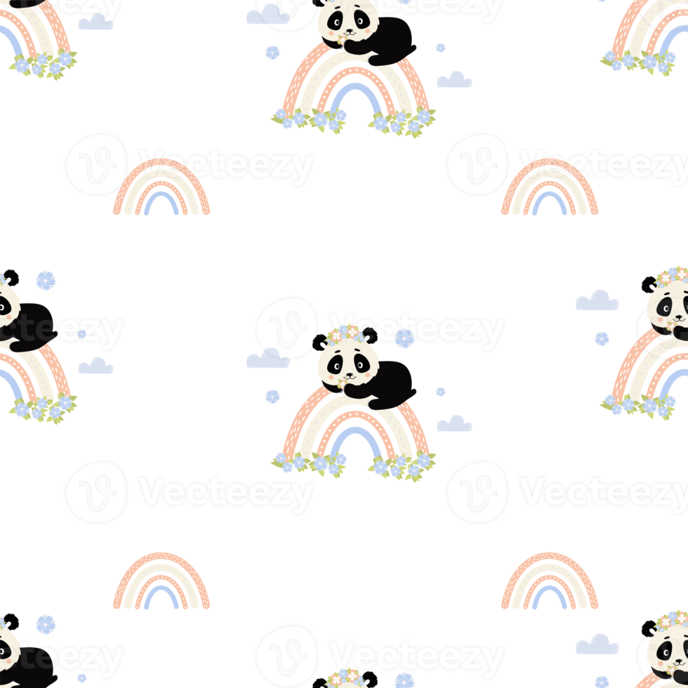 Seamless pattern with panda, flowers and rainbow png
