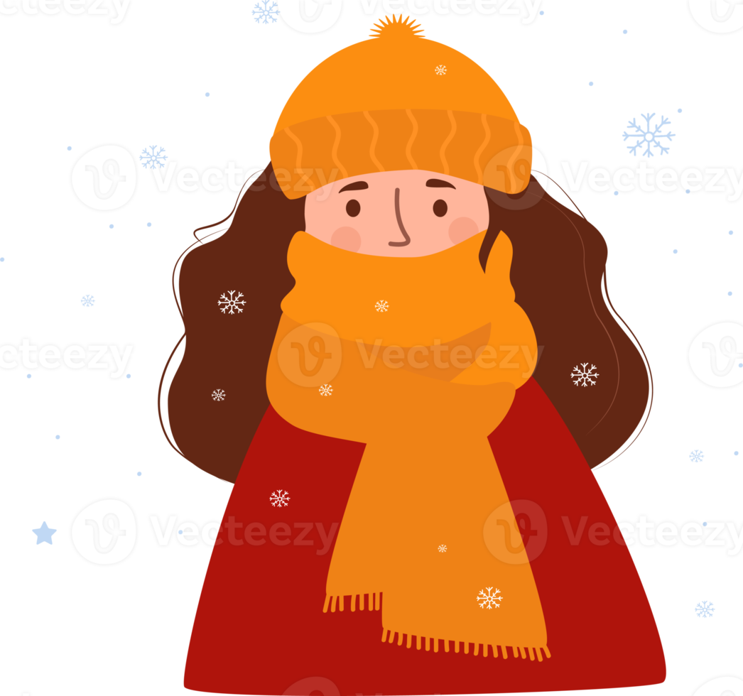 frozen winter girl in hat, wrapped up to her nose in warm scarf png