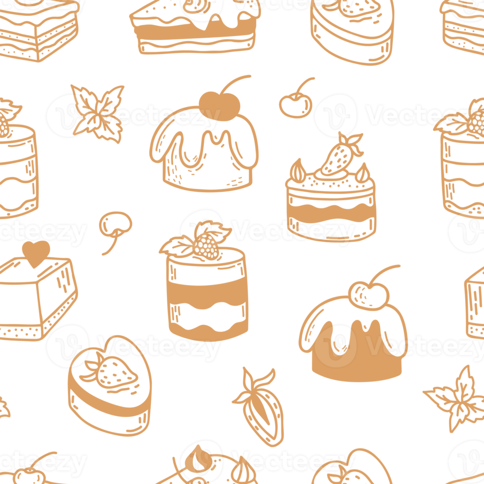 Linear seamless pattern with sweets, cakes, waffles, cream desserts with linear hand drawn doodle style png