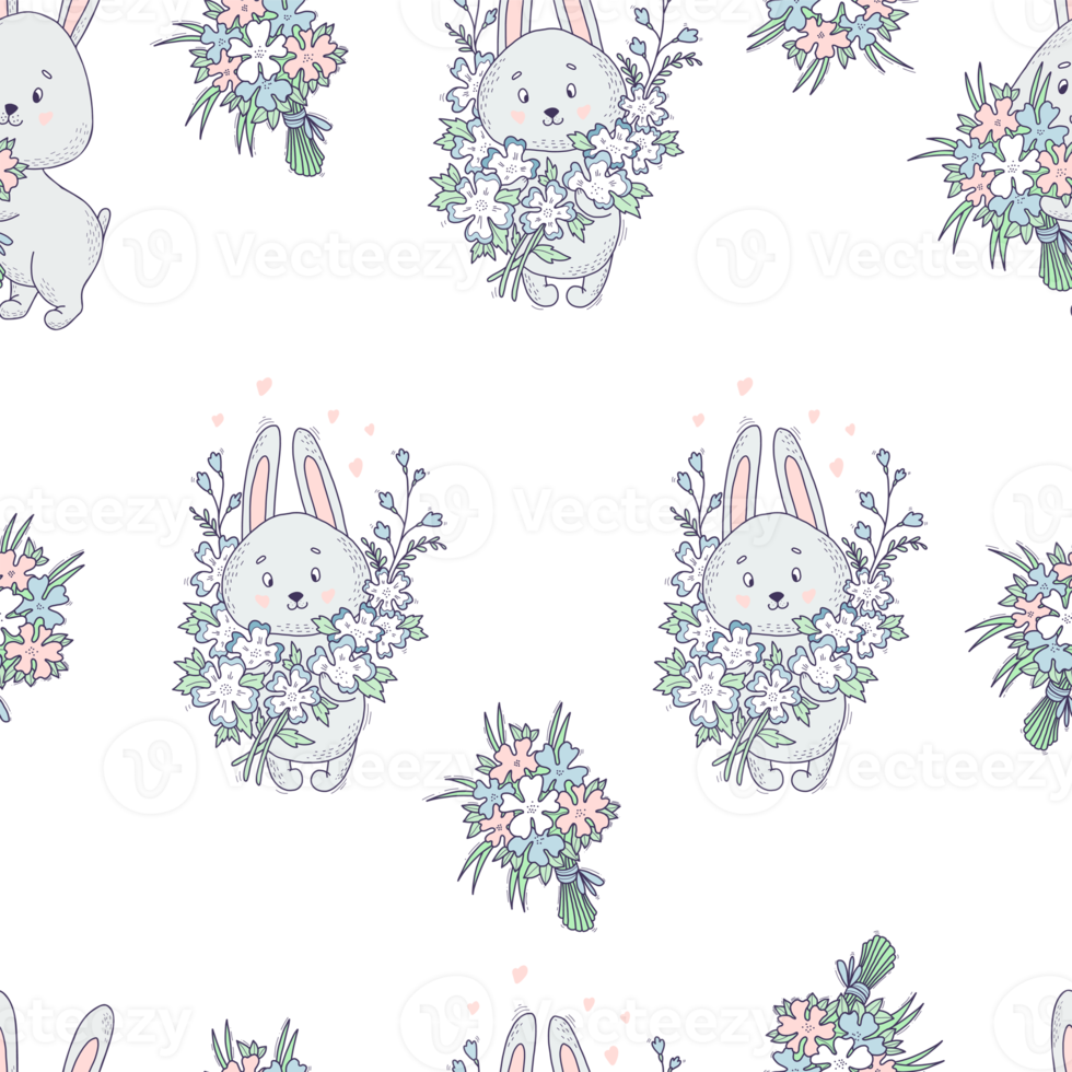 Seamless pattern with cute bunnies with bouquet of flowers png