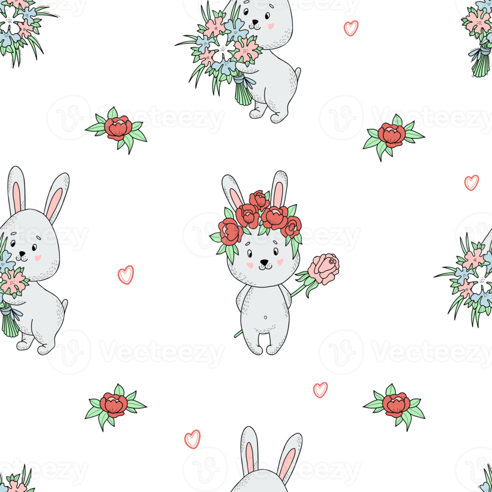 Seamless pattern with cute hares and flowers png