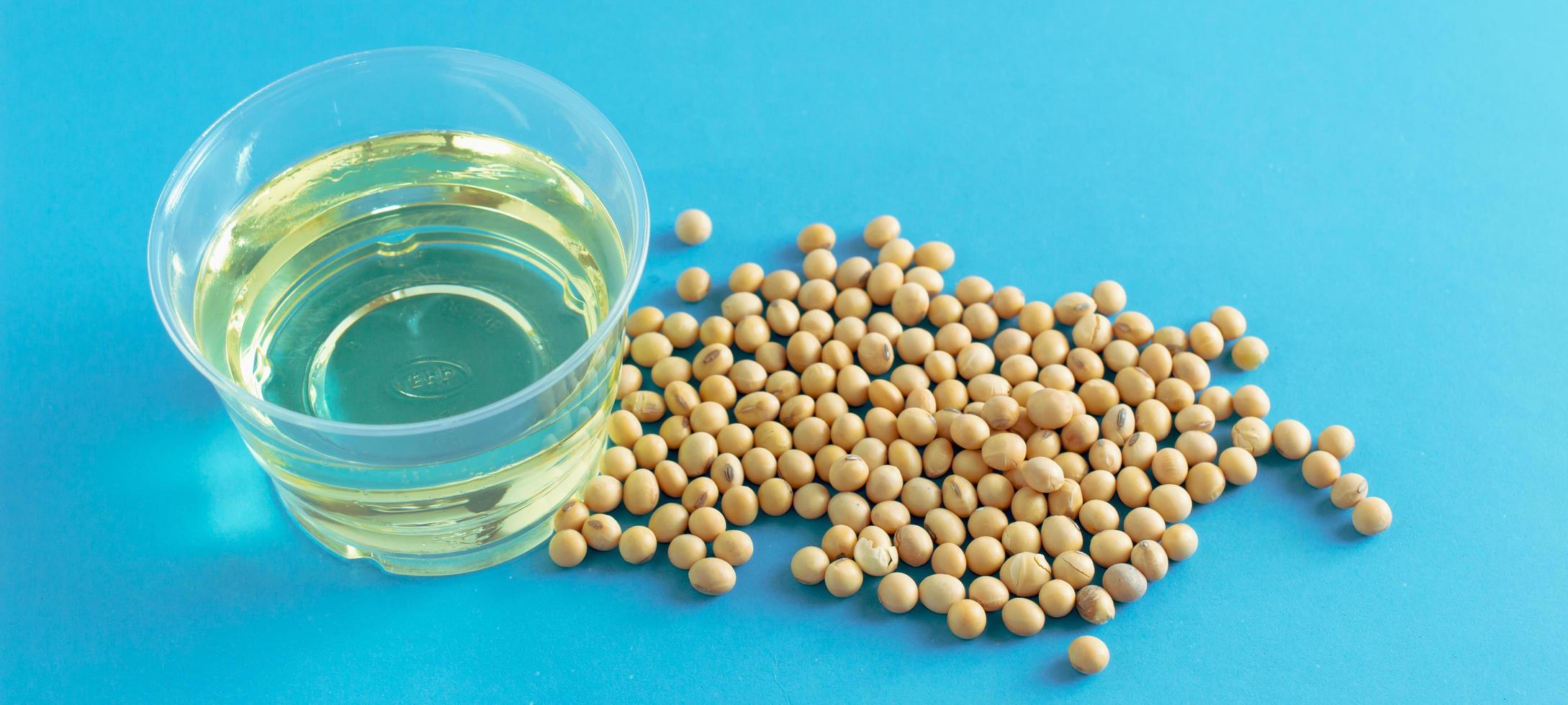 soybean and oil in a bowl on blue background, selective focus.copy space.front view. photo