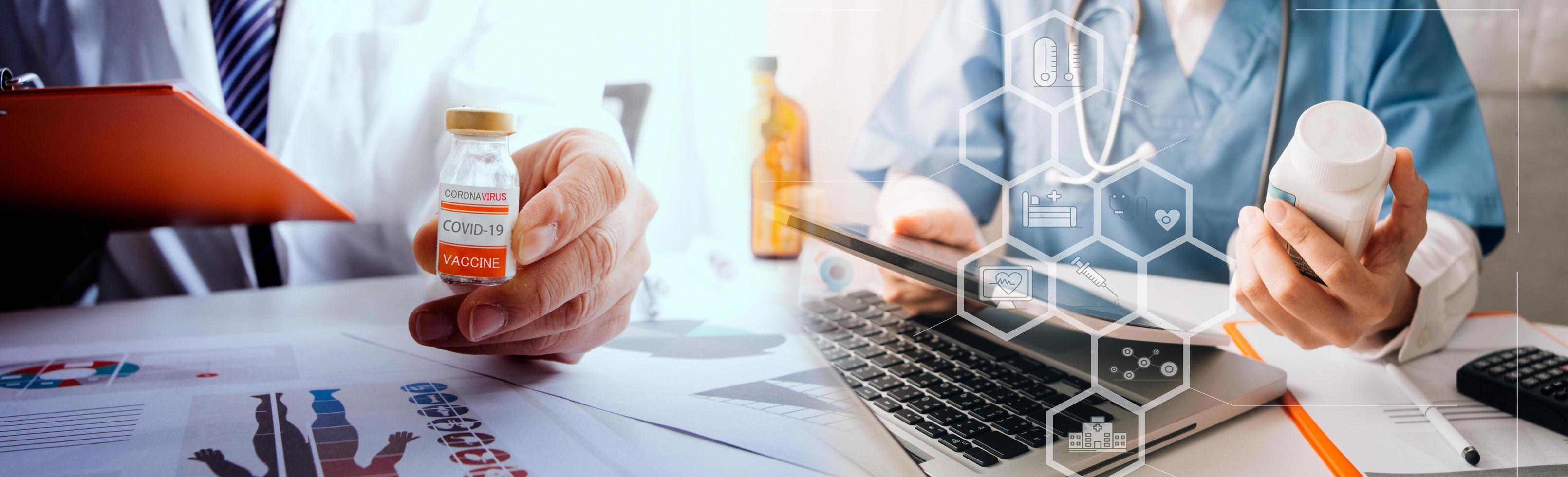 Medicine doctor hand working on a patients x-ray scans digital healthcare and connection with modern virtual screen interface icons, Medical technology and network concept. photo