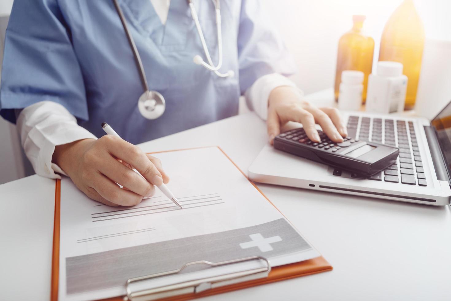 Double exposure of technology healthcare And Medicine concept. Doctors using digital tablet and modern virtual screen interface icons panoramic banner, blurred background. photo