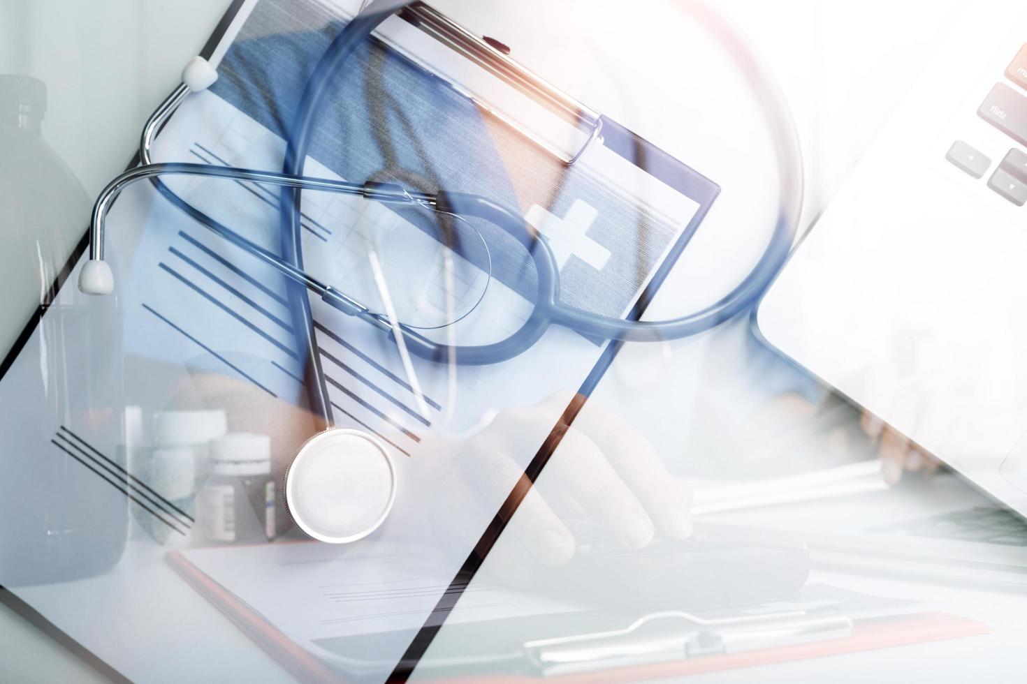 Double exposure of technology healthcare And Medicine concept. Doctors using digital tablet and modern virtual screen interface icons panoramic banner, blurred background. photo