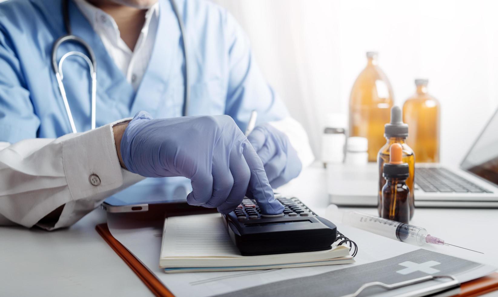 Double exposure of technology healthcare And Medicine concept. Doctors using digital tablet and modern virtual screen interface icons panoramic banner, blurred background. photo