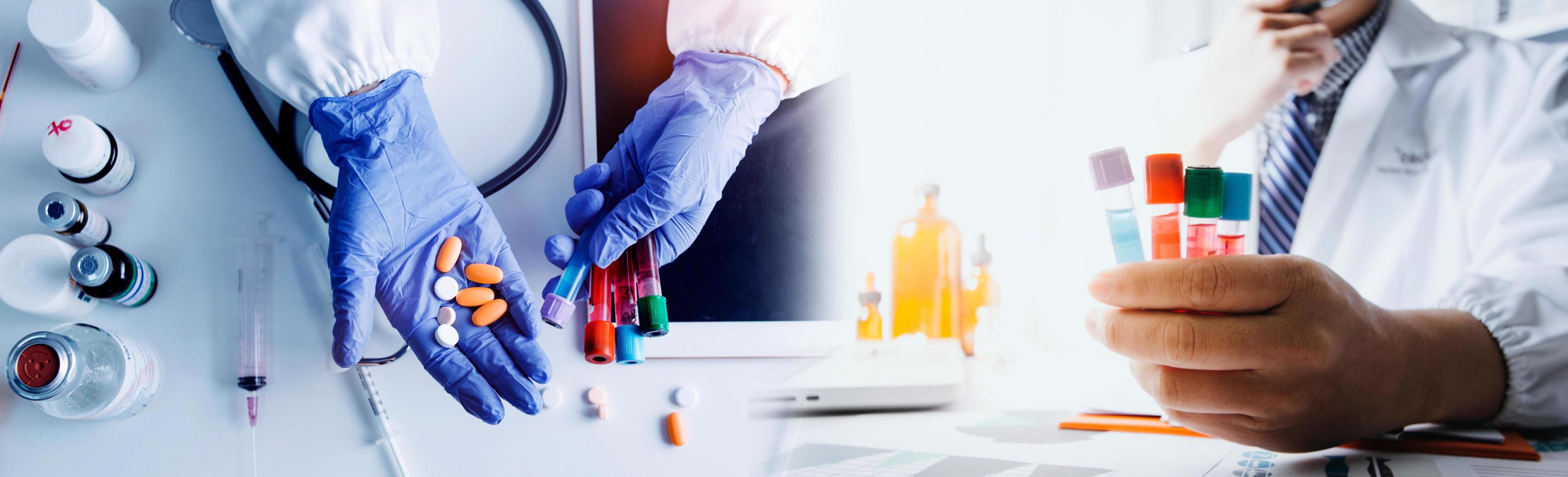 Medicine doctor hand working on a patients x-ray scans digital healthcare and connection with modern virtual screen interface icons, Medical technology and network concept. photo