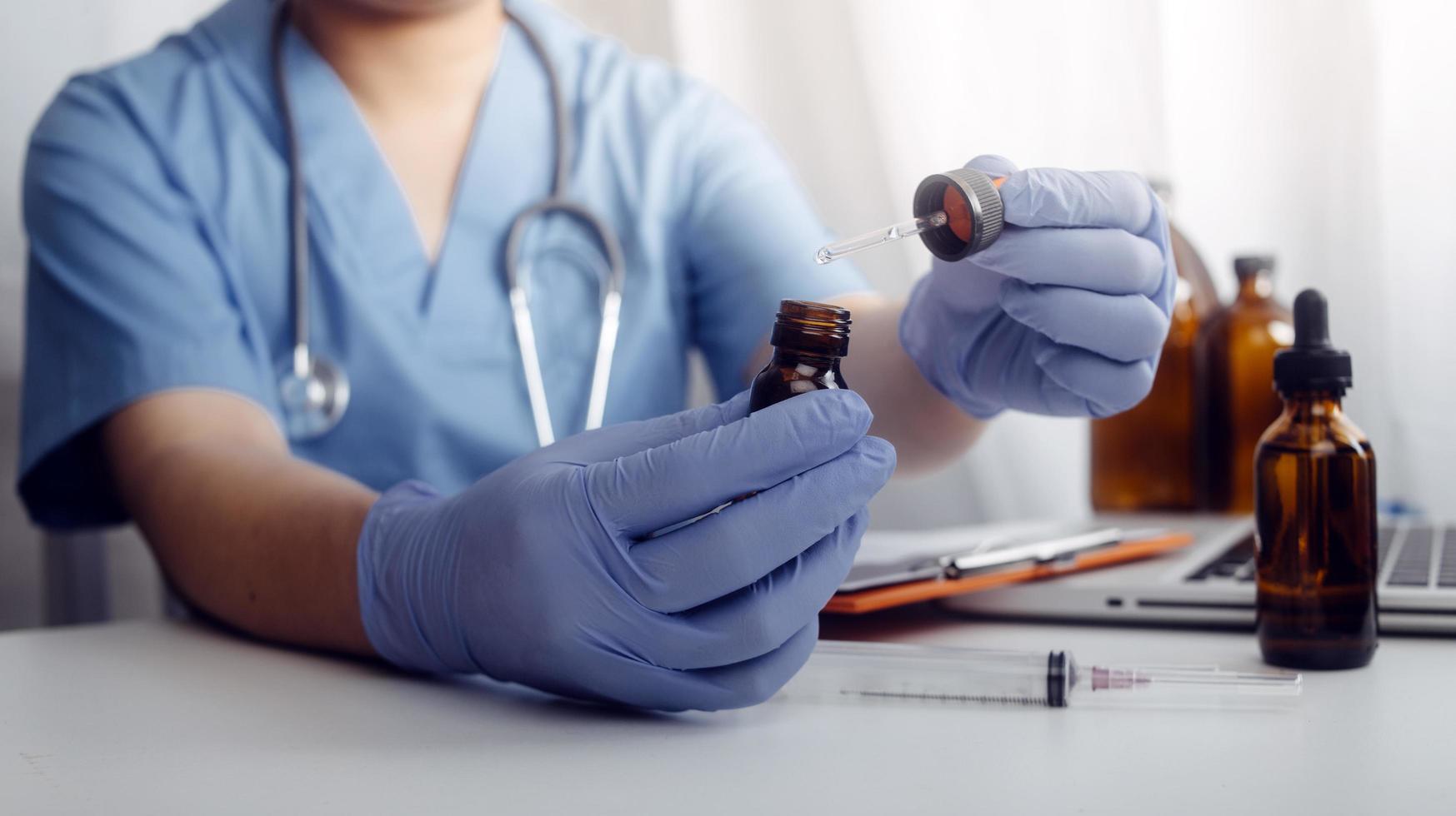 Medicine doctor hand working on a patients x-ray scans digital healthcare and connection with modern virtual screen interface icons, Medical technology and network concept. photo