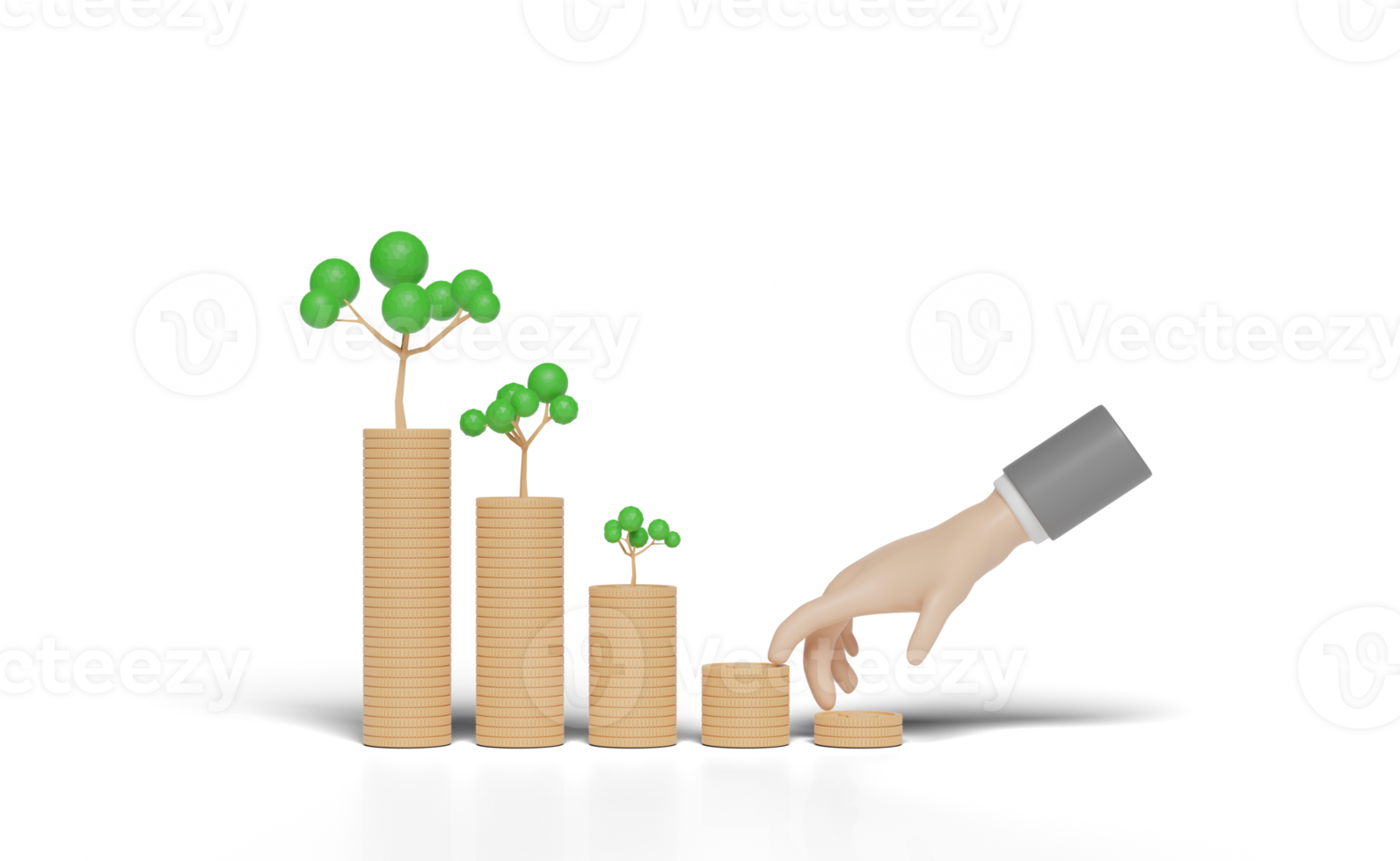 3d businessman hands with tree, pile stacked coin, graph png