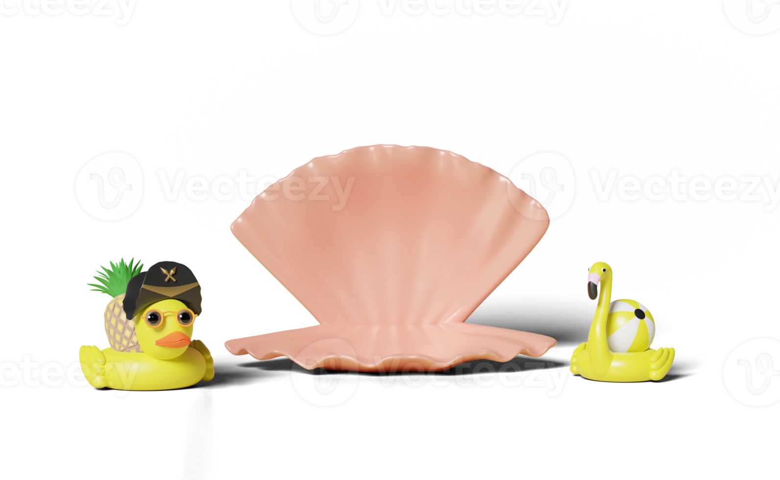 3d summer travel concept with shell,duck, flamingo png