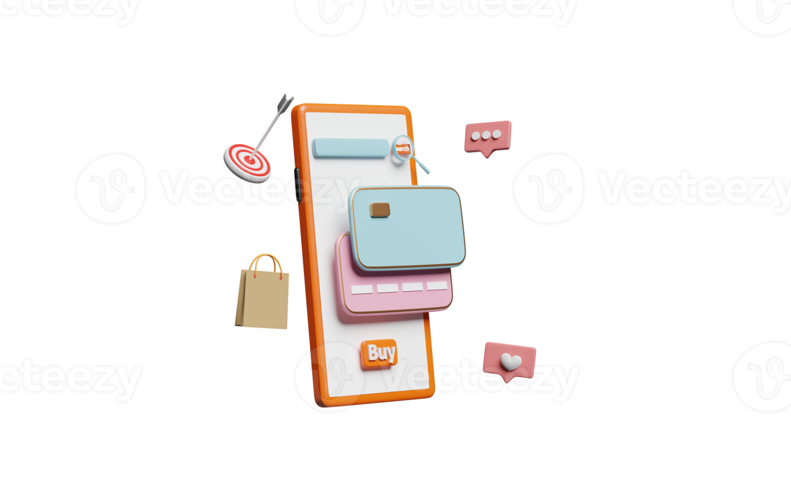 3d smartphone with credit card, heart icons, social media png