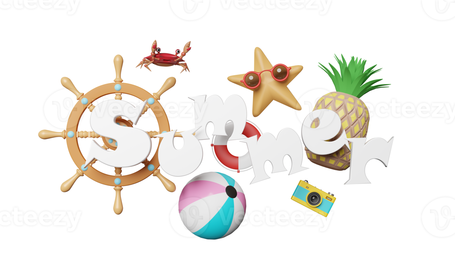 3d summer travel with helm, ball, starfish, pineapple, camera png